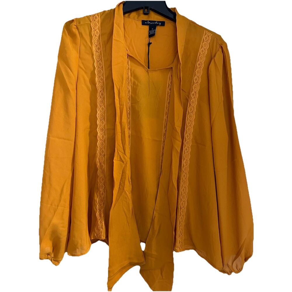 A Love Story Women’s Gold Long Sleeve Shirt With Lace Accents Tie Neck Size 16
